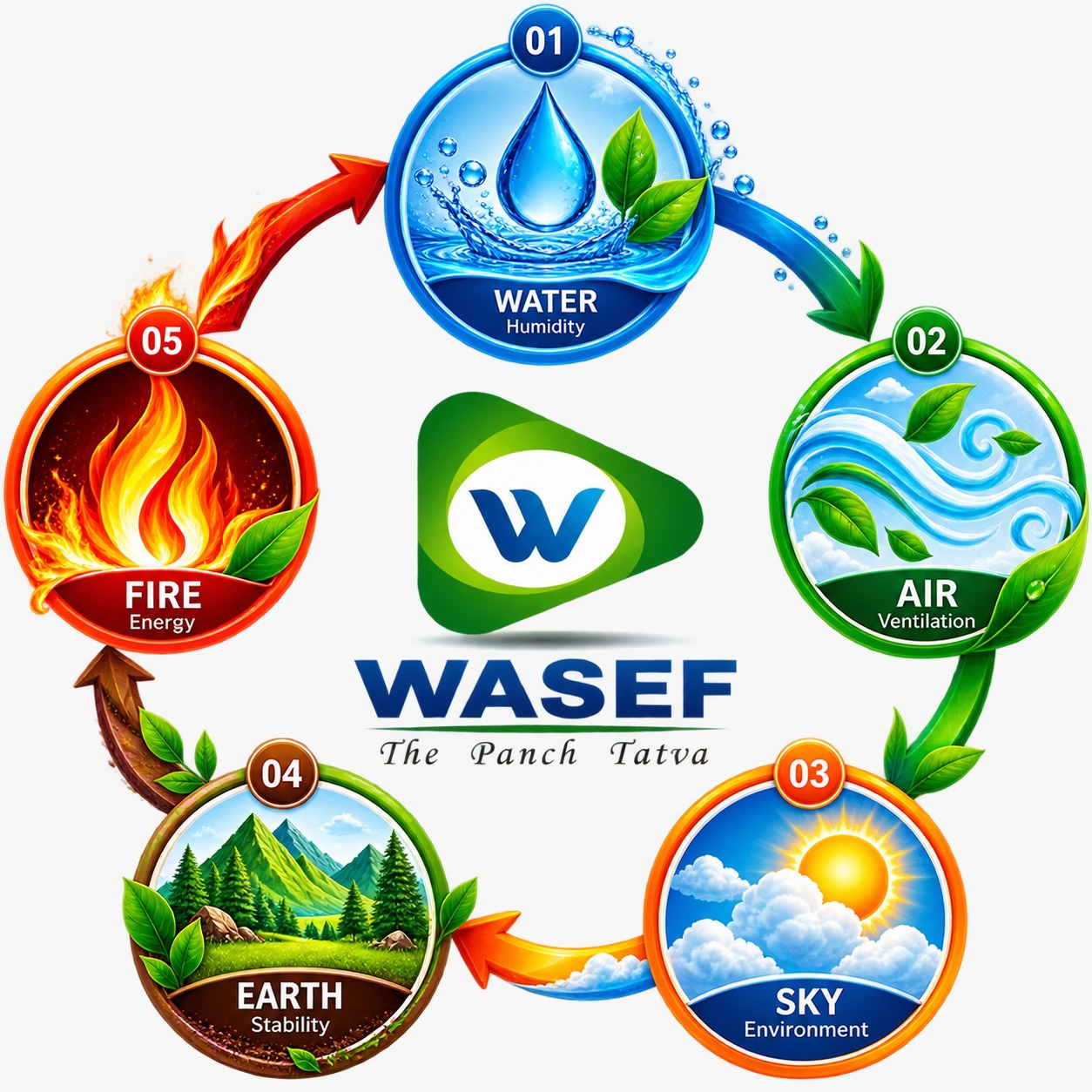 WASEF Panch Tatva cycle showing Water, Air, Sky, Earth and Fire